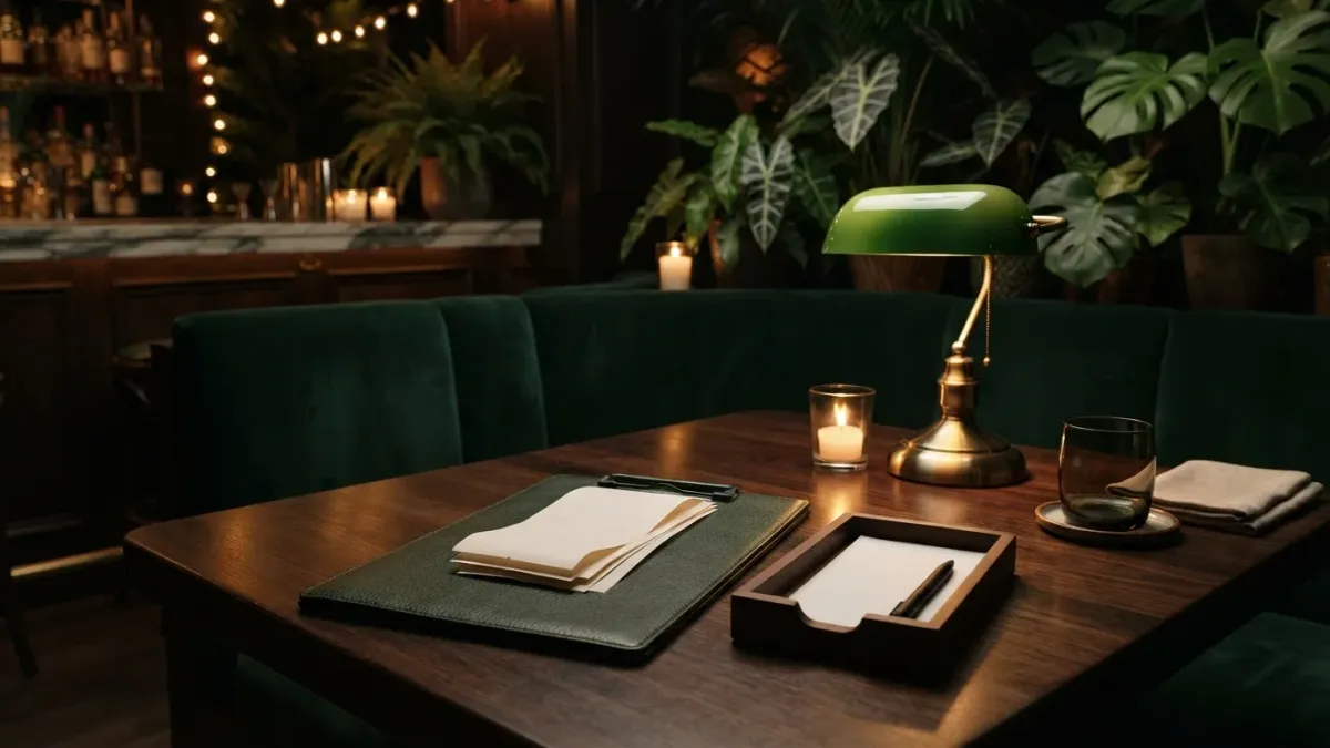 A modern leather folder with a printed receipt and a pen placed beside a wooden desk inside an empty private lounge room